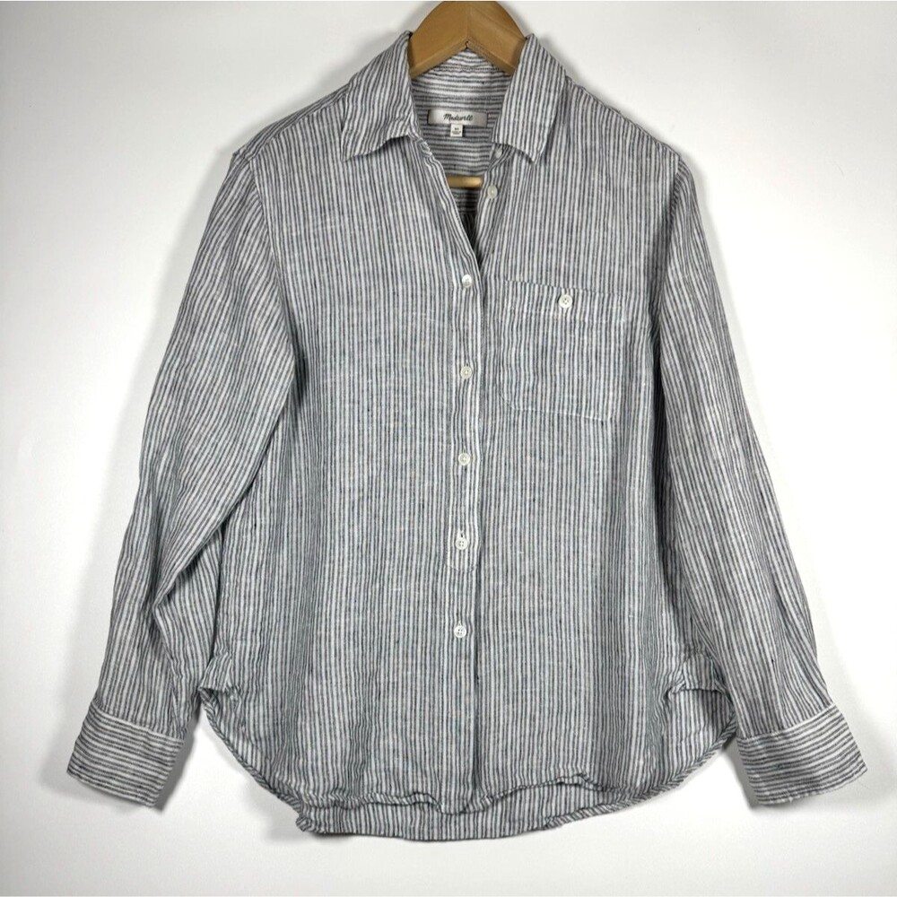Madewell‎ Linen Top Womens XS Blue White Stripe Long Sleeve Coastal Minimalist
